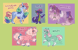 Size: 3309x2140 | Tagged: safe, artist:k-eilonwy, derpibooru import, master kenbroath gilspotten heathspike, minty, pinkie pie (g3), rainbow dash (g3), wysteria, dragon, earth pony, pony, g3