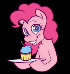 Size: 950x1000 | Tagged: safe, artist:partyponypower, derpibooru import, pinkie pie, pony, fanfic:cupcakes, g4, blue eyes, blue pupils, bust, cherry, colored, colored sketch, cupcake, curly hair, curly mane, eyelashes, female, flat colors, food, goretober, goretober 2024, grin, horse meat, imminent cannibalism, implied rainbow dash, looking at you, mare, meat, pink coat, pink mane, plate, sketch, slasher smile, smiling, solo, staring into your soul, this ended in death, three quarter view