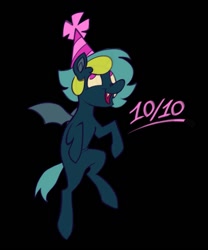 Size: 831x1000 | Tagged: safe, artist:partyponypower, derpibooru import, oc, oc only, oc:nonapplicable, bat pony, pony, bat pony oc, birthday art, blue coat, colored pinnae, colored sclera, colored wings, fangs, flying, gray wings, green mane, green tail, hat, looking up, no catchlights, no pupils, open mouth, open smile, party hat, pink eyes, pink text, ponysona, short mane, short tail, small wings, smiling, spread wings, tail, teal mane, teal tail, wings, yellow sclera