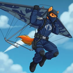 Size: 1024x1024 | Tagged: safe, ai content, derpibooru import, machine learning generated, anthro, earth pony, series:g.i. pony: a real equestrian hero, air viper, clothes, cobra the enemy, cosplay, costume, g.i. joe, generator:google imagen 3.0, glider, hang glider, helmet, male, mask, military uniform, outdoors, prompter:zerowinger, solo, stallion, uniform