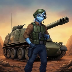 Size: 1024x1024 | Tagged: safe, ai content, derpibooru import, machine learning generated, pokey pierce, anthro, unicorn, series:g.i. pony: a real equestrian hero, g4, artillery, binoculars, body armor, clothes, cosplay, costume, g.i. joe, generator:google imagen 3.0, gloves, helmet, horn, male, military uniform, outdoors, prompter:zerowinger, solo, tank (vehicle), thunder (gi joe), uniform