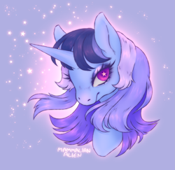 Size: 2091x2036 | Tagged: safe, artist:mammalian_alien, derpibooru import, oc, oc only, oc:flawless sparklemoon, pony, unicorn, eyelashes, eyeshadow, female, fusion, fusion:trixie, fusion:twilight sparkle, fusion:twixie, gradient background, horn, looking at you, makeup, mare, my little pony the movie: the death of twilight sparkle, solo, sparkles, starry eyes, wingding eyes