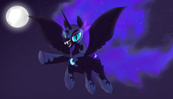 Size: 4175x2406 | Tagged: safe, artist:suryfromheaven, derpibooru import, nightmare moon, pony, g4, armor, flying, looking at you, mlp fim's fourteenth anniversary, moon, night, open mouth, outdoors, spread wings, stars, teeth, wings