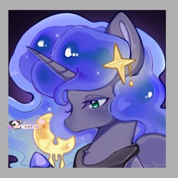 Size: 1954x1954 | Tagged: safe, artist:丫酱酱yuki, derpibooru import, princess luna, alicorn, pony, g4, bust, female, gradient background, mare, moon, passepartout, portrait, signature, solo, star hairpin