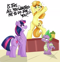 Size: 1982x2048 | Tagged: safe, artist:flutterthrash, derpibooru import, spike, twilight sparkle, twilight sparkle (alicorn), alicorn, dragon, earth pony, pony, g4, bipedal, blushing, butt, commission, dancing, dialogue, emanata, female, grin, mare, simple background, smiling, spike is not amused, teddie safari, trio, twibutt, unamused, white background, winged spike, wings