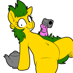 Size: 1000x1000 | Tagged: safe, derpibooru import, oc, oc only, oc:pineapple cruelty, pony, belly, belly button, bucktooth, gun, prehensile tail, simple background, solo, tail, transparent background, weapon