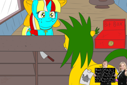 Size: 2400x1600 | Tagged: safe, derpibooru import, oc, oc:pineapple cruelty, oc:terri softmare, pony, butt, censored, knife, plot