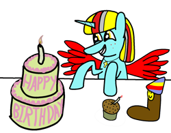 Size: 1344x1048 | Tagged: safe, artist:alltheclovers, derpibooru import, oc, oc:terri softmare, pony, birthday cake, cake, cupcake, food, hat, party hat