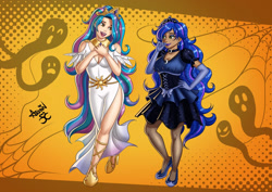 Size: 1459x1032 | Tagged: safe, artist:arsbin, derpibooru import, oc, oc only, oc:maya northwind, oc:sadie michaels, human, celestia costume, clothes, commission, costume, dark skin, duo, halloween, halloween costume, human oc, humanized, luna costume