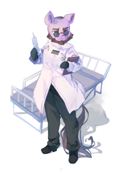 Size: 3809x5413 | Tagged: safe, artist:saxopi, derpibooru import, anthro, earth pony, plantigrade anthro, pony, arm hooves, beard, bed, clipboard, clothes, commission, dc comics, facial hair, glasses, hoof hold, hospital bed, hugo strange, lab coat, male, ponified, round glasses, simple background, solo, species swap, stallion, white background