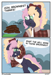 Size: 1640x2360 | Tagged: safe, artist:fionnaskribbles, derpibooru import, oc, oc only, oc:marzipan creme, pony, unicorn, brownie, drugged, edible, female, food, high, horn, pot brownies, solo