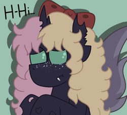 Size: 862x783 | Tagged: safe, artist:fionnaskribbles, derpibooru import, oc, oc only, oc:marzipan creme, changeling, pony, bow, broken horn, changeling oc, dialogue, fangs, hair bow, horn, shy, simple background, talking to viewer, two toned mane