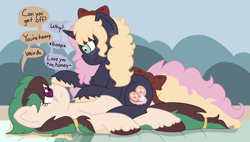 Size: 3178x1799 | Tagged: safe, artist:fionnaskribbles, derpibooru import, oc, oc only, oc:marzipan creme, oc:wild spearmint, pegasus, pony, unicorn, annoyed, boop, dialogue, duo, female, horn, lesbian, lying down, noseboop, oc x oc, outdoors, shipping, smiling, teasing