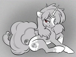 Size: 3434x2567 | Tagged: safe, artist:opalacorn, derpibooru import, oc, oc only, pony, unicorn, blaze (coat marking), coat markings, colored horn, facial markings, female, grayscale, horn, lidded eyes, mare, monochrome, partial color, sitting, solo