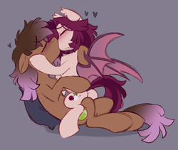 Size: 2469x2085 | Tagged: safe, artist:crimmharmony, derpibooru import, oc, oc only, oc:be sharp, oc:crimm harmony, bat pony, earth pony, pony, bat pony oc, bat wings, blushing, butt, duo, ears back, ears up, earth pony oc, eyes closed, holding a pony, holding head, kiss on the lips, kissing, making out, oc x oc, plot, shipping, simple background, sitting, sitting on person, sitting on pony, spread wings, wings