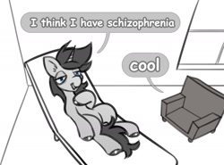 Size: 2400x1773 | Tagged: safe, artist:opalacorn, derpibooru import, oc, oc only, earth pony, pony, black and white, chair, dialogue, grayscale, lying down, male, meme, monochrome, on back, ponified, ponified meme, schizophrenia, solo, speech bubble, stallion