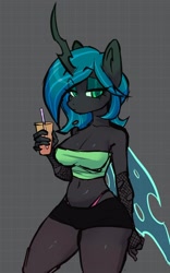 Size: 1474x2361 | Tagged: safe, artist:cyvor, derpibooru import, queen chrysalis, anthro, changeling, changeling queen, g4, abstract background, alternate hairstyle, clothes, drink, female, fishnet clothing, fishnet gloves, gloves, lidded eyes, looking at you, short hair, short shirt, solo