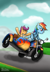 Size: 2059x2912 | Tagged: safe, artist:greenflyart, derpibooru import, rainbow dash, scootaloo, pegasus, pony, g4, duo, female, filly, foal, mare, motorcycle, outdoors, riding, road, scootalove, sidecar