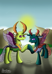 Size: 2059x2912 | Tagged: safe, artist:greenflyart, derpibooru import, pharynx, thorax, changedling, changeling, g4, brothers, changedling brothers, cute, hoofbump, king thorax, male, outdoors, pharybetes, prince pharynx, shadow, siblings, sun, thorabetes