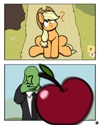 Size: 1080x1350 | Tagged: safe, artist:sefastpone, derpibooru import, applejack, oc, oc:anon, earth pony, pony, g4, 2 panel comic, :<, apple, comic, confused, cowboy hat, digital art, eminem, food, hat, meme, throwing