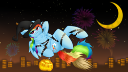 Size: 5760x3240 | Tagged: safe, artist:twinky, derpibooru import, rainbow dash, pegasus, pony, semi-anthro, g4, belt, broom, butt, chest fluff, city, crescent moon, female, fireworks, hat, looking at each other, looking at someone, mare, mlp fim's fourteenth anniversary, moon, night, outdoors, plot, pumpkin, smiling, solo, wings, witch hat