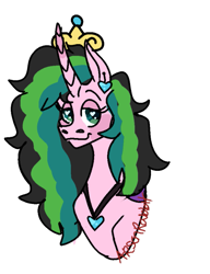 Size: 625x813 | Tagged: safe, artist:arsonrabbit, derpibooru import, oc, oc only, oc:stolen love, alicorn, changeling, changepony, hybrid, pony, g4, alicorn oc, bust, ear piercing, female, green eyes, horn, interspecies offspring, jewelry, looking at you, magical lesbian spawn, mare, multicolored hair, multicolored mane, necklace, offspring, parent:princess cadance, parent:queen chrysalis, parents:cadalis, piercing, pink coat, simple background, solo, tiara, white background, wingding eyes