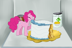 Size: 3742x2515 | Tagged: safe, artist:lillslim, derpibooru import, discord, pinkie pie, earth pony, pony, g4, cake, cans, eating, eyes closed, female, food, mare, refrigerator