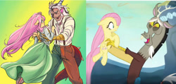 Size: 750x357 | Tagged: safe, artist:dinakyo, derpibooru import, discord, fluttershy, human, semi-anthro, g4, to where and back again, age difference, clothes, discoshy, dress, female, humanized, male, reunion, scene interpretation, shipping, straight, suit