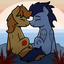 Size: 2048x2048 | Tagged: safe, artist:sefastpone, derpibooru import, braeburn, soarin', earth pony, pegasus, g4, digital art, gay, male, nuzzling, ocean, outdoors, ship:soarburn, shipping, sitting, sunset, water