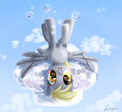 Size: 908x835 | Tagged: safe, artist:fantazyme, derpibooru import, derpy hooves, pegasus, pony, g4, bubble, cloud, cloudy, female, mare, outdoors, solo, upside down