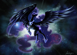 Size: 2117x1500 | Tagged: safe, artist:fantazyme, derpibooru import, nightmare moon, alicorn, pony, g4, armor, female, flying, majestic, mare, solo, space, spread wings, wings