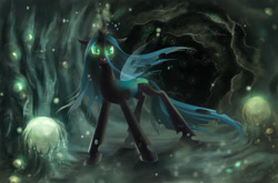 Size: 1700x1120 | Tagged: safe, artist:fantazyme, derpibooru import, queen chrysalis, changeling, changeling queen, g4, crown, fangs, female, frown, glowing, glowing eyes, jewelry, open mouth, regalia, solo, standing