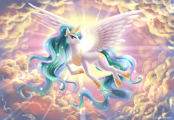 Size: 2124x1474 | Tagged: safe, artist:fantazyme, derpibooru import, princess celestia, alicorn, pony, g4, beautiful, cloud, crepuscular rays, female, flying, mare, outdoors, smiling, solo, spread wings, sun, wings