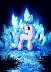 Size: 2060x2910 | Tagged: safe, artist:fantazyme, derpibooru import, oc, oc only, butterfly, earth pony, pony, blank flank, commission, crystal, female, ice, looking at you, mare, smiling, solo