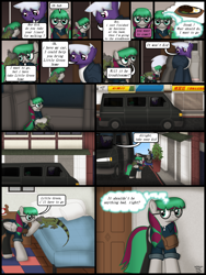 Size: 1750x2333 | Tagged: safe, artist:99999999000, derpibooru import, oc, oc only, oc:firearm king, oc:li anna, earth pony, lizard, pegasus, comic:affection, car, comic, duo, female, food, glasses, iguana, male, meat, steak, van