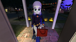 Size: 2560x1440 | Tagged: safe, artist:oatmeal!, derpibooru import, maud pie, raven, human, spider, equestria girls, g4, 3d, bag, clothes, costume, dc comics, decoration, gmod, goth, halloween, halloween costume, holding, holiday, jack-o-lantern, legs together, looking at you, night, pumpkin, raven (dc comics), solo, standing, superhero, teen titans, trick or treat