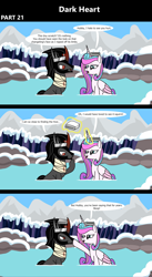 Size: 1920x3516 | Tagged: safe, artist:platinumdrop, derpibooru import, king sombra, princess flurry heart, alicorn, pony, unicorn, comic:dark heart, g4, 3 panel comic, alternate timeline, bandage, blood, boop, comic, commission, crown, crystal, crystal empire, dark crystal, dialogue, evil flurry heart, female, folded wings, glowing, glowing horn, hoof on chin, horn, hot springs, husband and wife, injured, jewelry, king sombra is not amused, looking at each other, looking at someone, looking down, magic, male, mare, married couple, mountain, mountain range, older, older flurry heart, onsen, open mouth, open smile, outdoors, playful, regalia, rock, ship:flurrybra, shipping, sitting, smiling, smiling at someone, snow, speech bubble, stallion, straight, telekinesis, towel, unamused, victorious villain, wings