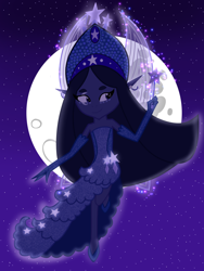 Size: 1536x2048 | Tagged: safe, artist:lnx1ynight16, derpibooru import, oc, oc only, oc:princess ika, original species, clothes, crescent moon, dress, elf ears, facial markings, fairy wings, flying, full moon, headdress, jewelry, land overlander, looking sideways, moon, night, night sky, outdoors, overlander, regalia, shoes, sky, smiling, solo, sparkles, stars, transparent wings, wand, wings