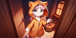 Size: 2400x1200 | Tagged: safe, ai content, derpibooru import, machine learning generated, sweetie belle, pony, semi-anthro, g4, basket, bipedal, candy, clothes, costume, cute, diasweetes, food, hoodie, looking at you, nightmare night, nightmare night costume, prompter:greesys, pumpkin, smiling, smiling at you