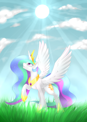 Size: 2070x2898 | Tagged: safe, artist:scarlet-spectrum, derpibooru import, princess celestia, alicorn, pony, g4, cloud, crepuscular rays, female, grass, looking up, mare, outdoors, sky, slender, solo, spread wings, sun, thin, wings