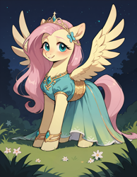 Size: 896x1152 | Tagged: safe, ai content, derpibooru import, generator:stable diffusion, machine learning generated, fluttershy, pegasus, pony, g4, blush lines, blushing, clothes, dress, female, jewelry, looking at you, mare, night, outdoors, prompter:gullveigai, smiling, smiling at you, spread wings, three quarter view, tiara, wings