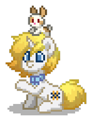 Size: 196x256 | Tagged: safe, derpibooru import, oc, oc only, oc:basket weave, pony, rabbit, unicorn, g4, animal, blue eyes, bowtie, collar, digital art, gradient hair, gradient mane, gradient tail, horn, magical lesbian spawn, male, offspring, orange hair, orange mane, orange tail, parent:fluttershy, parent:rarity, parents:flarity, pixel art, pony town, raised hoof, raised leg, simple background, sitting, solo, stallion, tail, transparent background, unicorn oc, white coat, yellow hair, yellow mane, yellow tail