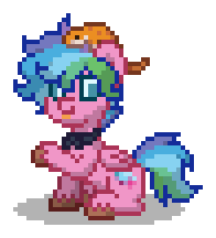 Size: 196x216 | Tagged: safe, derpibooru import, oc, oc only, oc:party cannon, alligator, pegasus, pony, g4, blue eyes, bowtie, brown hooves, collar, cross-eyed, digital art, hooves, magical lesbian spawn, male, multicolored hair, multicolored mane, multicolored tail, offspring, parent:pinkie pie, parent:rainbow dash, parents:pinkiedash, pegasus oc, pink coat, pixel art, pony town, raised hoof, raised leg, simple background, sitting, solo, stallion, tail, tongue, tongue out, transparent background, wings