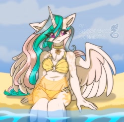 Size: 2560x2515 | Tagged: source needed, safe, artist:moonscream decepticon, derpibooru import, princess celestia, alicorn, anthro, g4, amulet, beach, belly, belly button, bikini, chest fluff, choker, clothes, female, heart, heart eyes, jewelry, midriff, neck fluff, ocean, outdoors, partially open wings, sarong, see-through, see-through skirt, sitting, skirt, solo, swimsuit, underwear, water, wingding eyes, wings, yellow bikini, yellow swimsuit