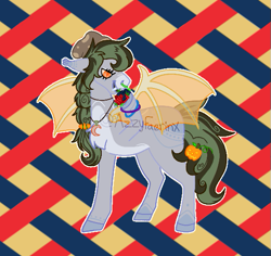 Size: 565x533 | Tagged: safe, artist:azira faerinx, derpibooru import, oc, oc only, bat pony, g4, art trade, artificial wings, augmented, fruit, gray coat, green mane, halloween, hat, holding, holiday, magic, magic wings, nose piercing, orange eyes, patterned background, piercing, raspberry, septum piercing, spooky, spots, standing, three toned background, tongue, tongue out, wings