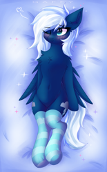 Size: 2300x3700 | Tagged: safe, artist:gaffy, derpibooru import, oc, oc only, oc:thunder drop, pegasus, bed, belly, belly button, blushing, chest fluff, clothes, ear fluff, ears, featureless crotch, legs together, lying down, one eye closed, pegasus oc, sexy, socks, striped socks, wings, wink