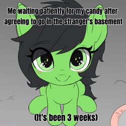 Size: 1897x1896 | Tagged: safe, artist:marshmallowfluff, derpibooru import, oc, oc only, oc:anon filly, cute, dark comedy, female, filly, foal, implied kidnapping, looking at you, looking up, looking up at you, meme, sad in hindsight, sitting, solo, text, the implications are horrible, this will end in tears