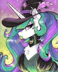 Size: 4757x5934 | Tagged: safe, artist:dandy, derpibooru import, princess celestia, alicorn, pony, g4, bone, buckle, candy, chest fluff, choker, clothes, copic, ear fluff, ears, feather, female, food, gameloft, gameloft interpretation, gradient background, hat, horn, lollipop, looking at you, solo, traditional art, witch costume, witch hat