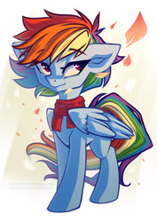 Size: 842x1191 | Tagged: safe, artist:chaosangeldesu, derpibooru import, rainbow dash, pegasus, pony, g4, autumn, clothes, cute, leaves, scarf, solo