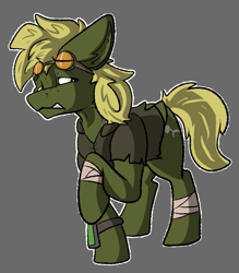 Size: 935x1065 | Tagged: safe, artist:pen-and-paper, derpibooru import, oc, oc only, oc:murky, earth pony, pony, fallout equestria, fallout equestria: murky number seven, bandage, clothes, earth pony oc, fanfic art, goggles, goggles on head, gray background, male, raised hoof, raised leg, simple background, solo, stallion, tail